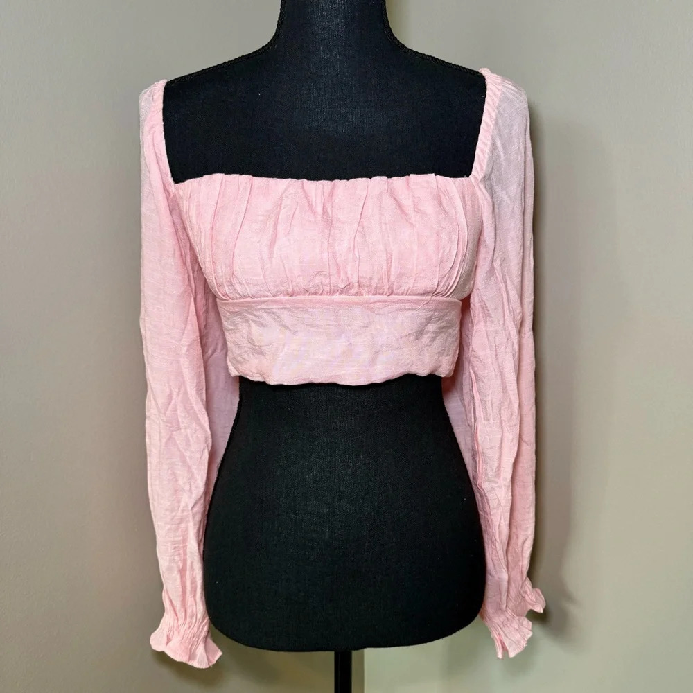 Princess Polly pink long sleeved cropped open back top size 8